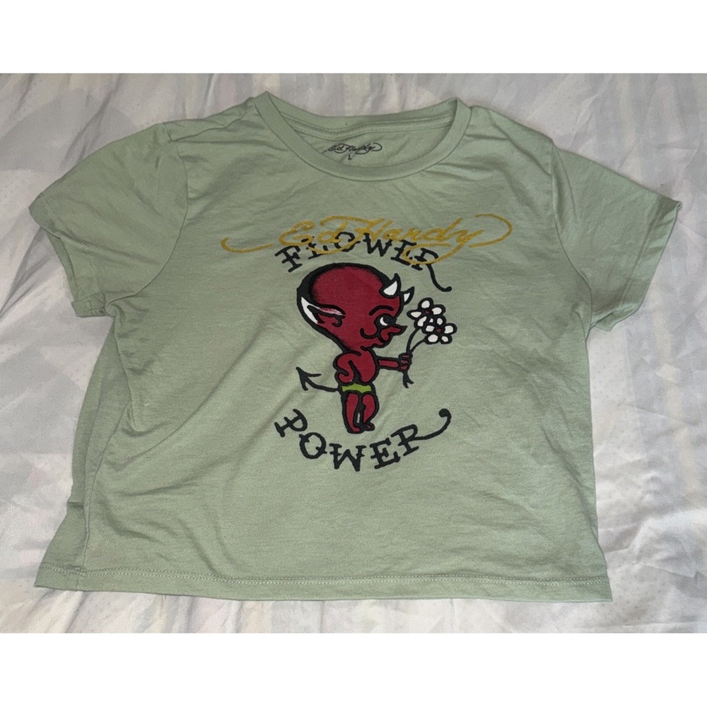 Ed Hardy Women's Sage Green "Flower Power" Baby Devil Cropped Graphic T-Shirt L